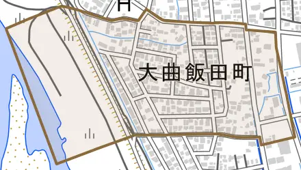 大曲飯田町とその周辺の地図。町の範囲を重ねている