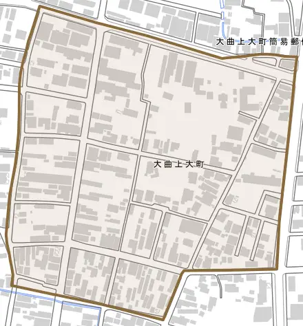 大曲上大町とその周辺の地図。町の範囲を重ねている