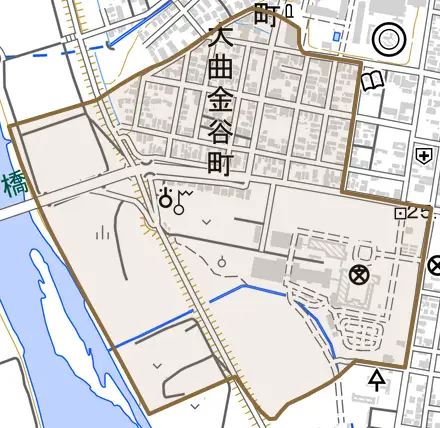 大曲金谷町とその周辺の地図。町の範囲を重ねている