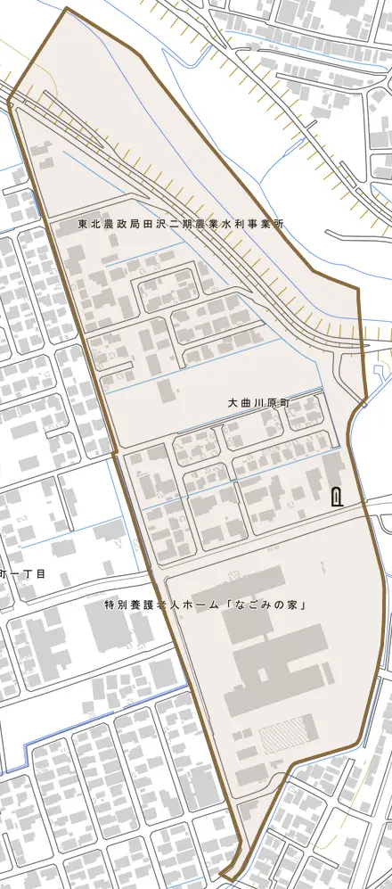 大曲川原町とその周辺の地図。町の範囲を重ねている