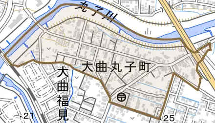 大曲丸子町とその周辺の地図。町の範囲を重ねている