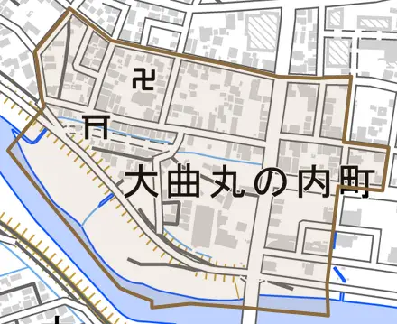 大曲丸の内町とその周辺の地図。町の範囲を重ねている