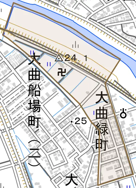 大曲緑町とその周辺の地図。町の範囲を重ねている