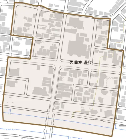 大曲中通町とその周辺の地図。町の範囲を重ねている