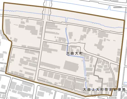 大曲大町とその周辺の地図。町の範囲を重ねている