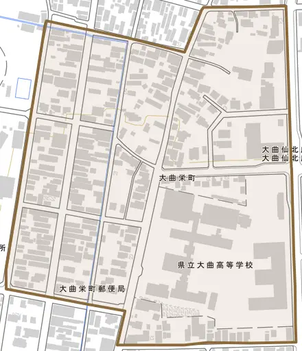 大曲栄町とその周辺の地図。町の範囲を重ねている
