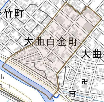 大曲白金町とその周辺の地図。町の範囲を重ねている