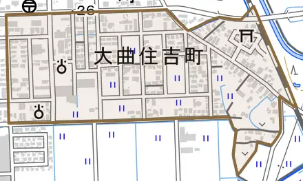 大曲住吉町とその周辺の地図。町の範囲を重ねている