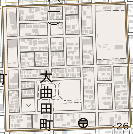 大曲田町とその周辺の地図。町の範囲を重ねている