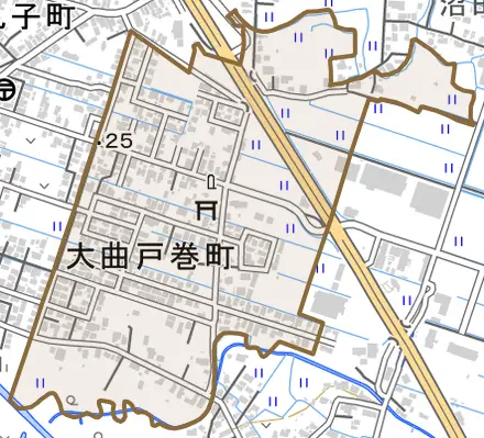 大曲戸巻町とその周辺の地図。町の範囲を重ねている