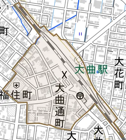 大曲通町とその周辺の地図。町の範囲を重ねている
