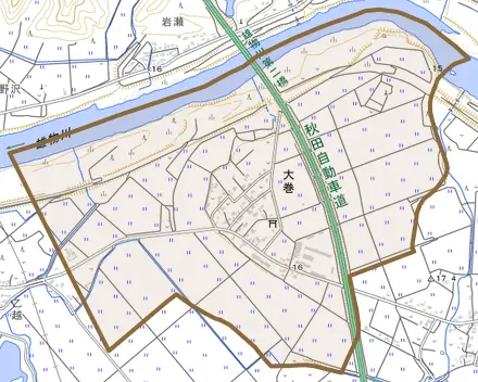 大巻とその周辺の地図。町の範囲を重ねている