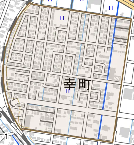 幸町とその周辺の地図。町の範囲を重ねている