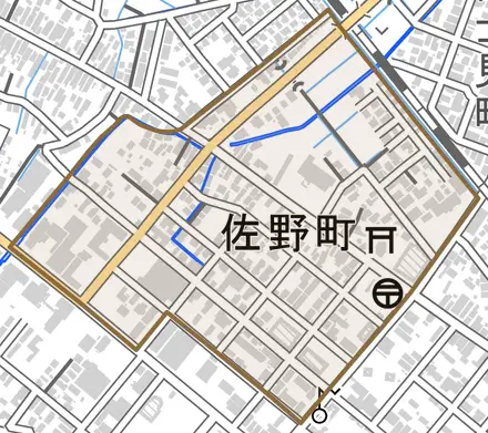 佐野町とその周辺の地図。町の範囲を重ねている