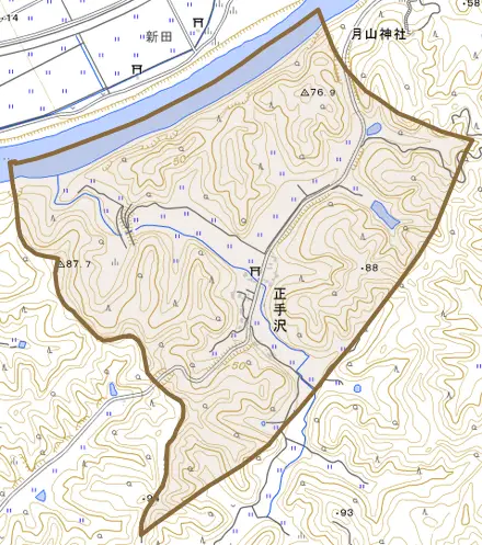 正手沢とその周辺の地図。町の範囲を重ねている