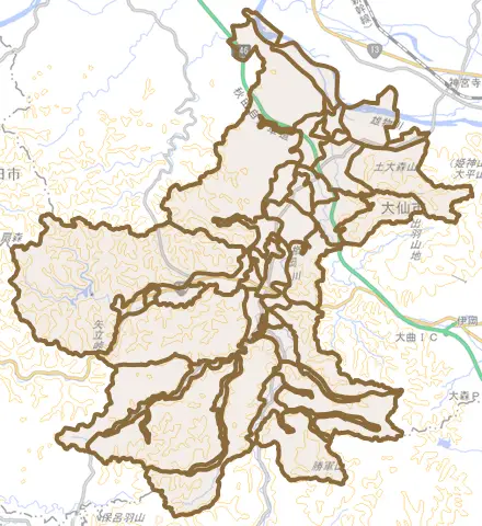 南外とその周辺の地図。町の範囲を重ねている