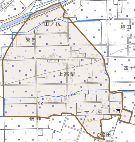 高梨とその周辺の地図。町の範囲を重ねている