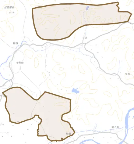 土川とその周辺の地図。町の範囲を重ねている