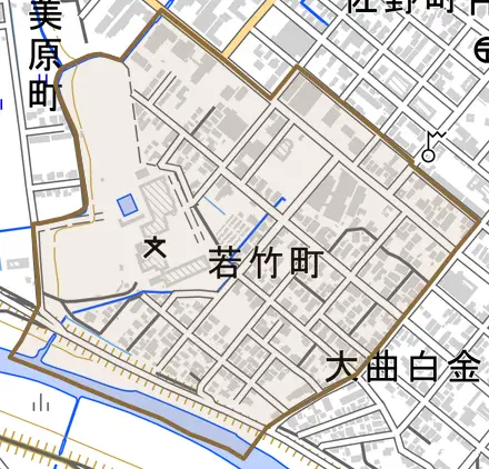 若竹町とその周辺の地図。町の範囲を重ねている