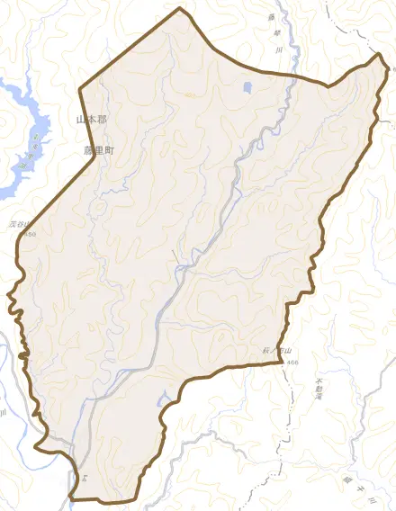 藤琴とその周辺の地図。町の範囲を重ねている