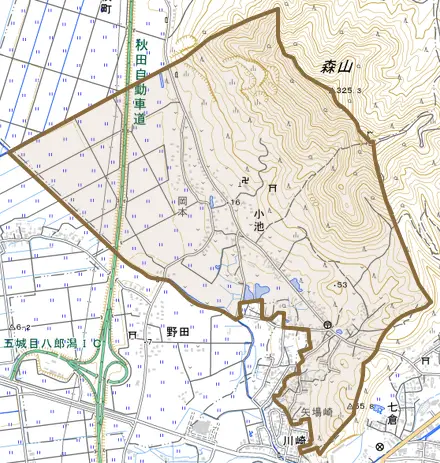 小池とその周辺の地図。町の範囲を重ねている