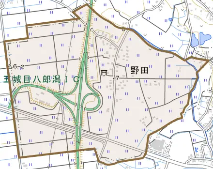 野田とその周辺の地図。町の範囲を重ねている