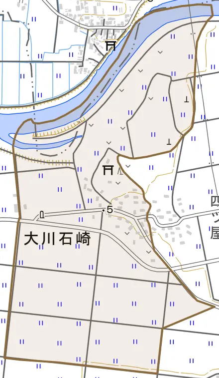大川石崎とその周辺の地図。町の範囲を重ねている