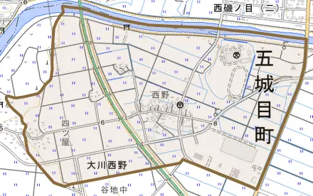 大川西野とその周辺の地図。町の範囲を重ねている