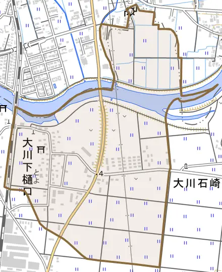 大川下樋口とその周辺の地図。町の範囲を重ねている