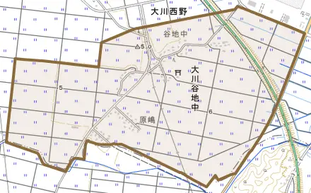 大川谷地中とその周辺の地図。町の範囲を重ねている