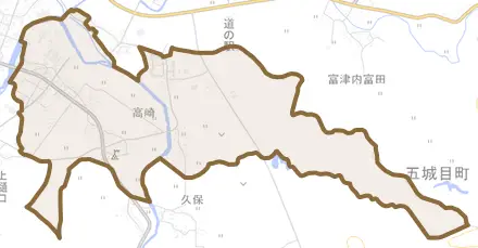高崎とその周辺の地図。町の範囲を重ねている