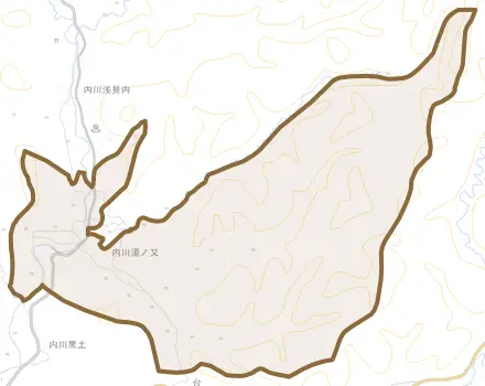 内川湯ノ又とその周辺の地図。町の範囲を重ねている