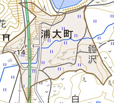 浦大町とその周辺の地図。町の範囲を重ねている