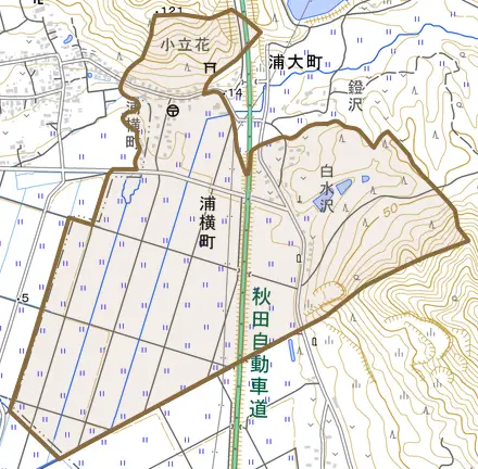 浦横町とその周辺の地図。町の範囲を重ねている
