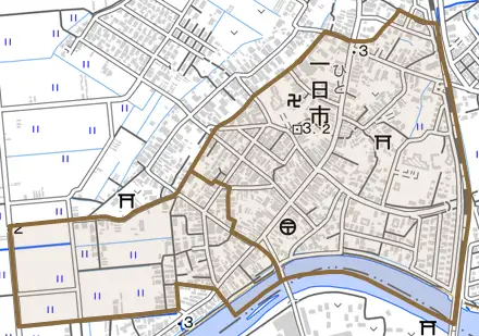 字一日市とその周辺の地図。町の範囲を重ねている