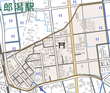 字上沖谷地とその周辺の地図。町の範囲を重ねている