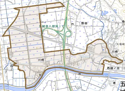 川崎とその周辺の地図。町の範囲を重ねている