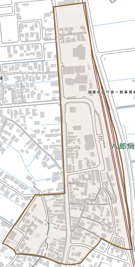 字中田とその周辺の地図。町の範囲を重ねている
