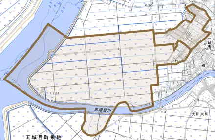 字中嶋とその周辺の地図。町の範囲を重ねている