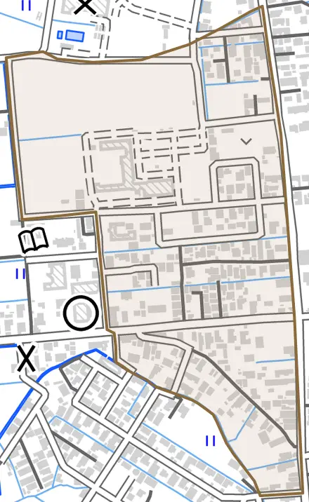 字大道とその周辺の地図。町の範囲を重ねている