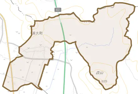 浦大町とその周辺の地図。町の範囲を重ねている