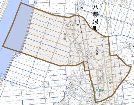 夜叉袋とその周辺の地図。町の範囲を重ねている