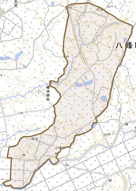 峰浜畑谷とその周辺の地図。町の範囲を重ねている