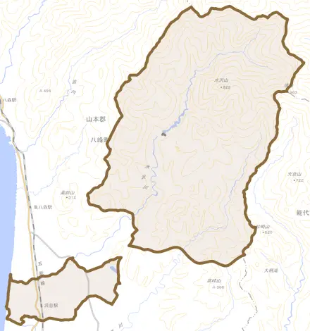 峰浜水沢とその周辺の地図。町の範囲を重ねている