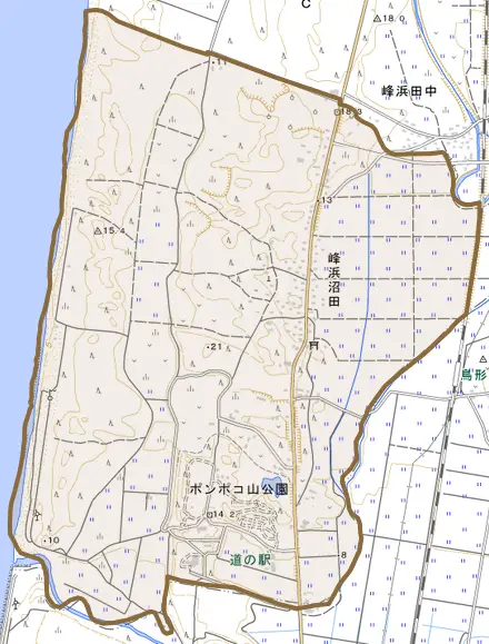 峰浜沼田とその周辺の地図。町の範囲を重ねている