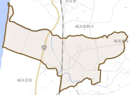 峰浜田中とその周辺の地図。町の範囲を重ねている
