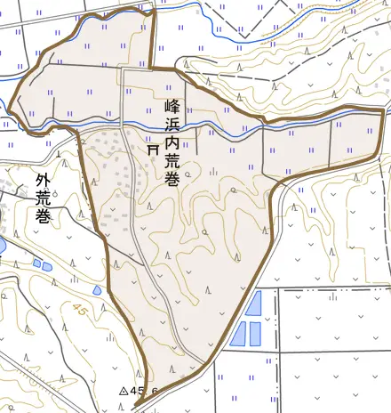 峰浜内荒巻とその周辺の地図。町の範囲を重ねている