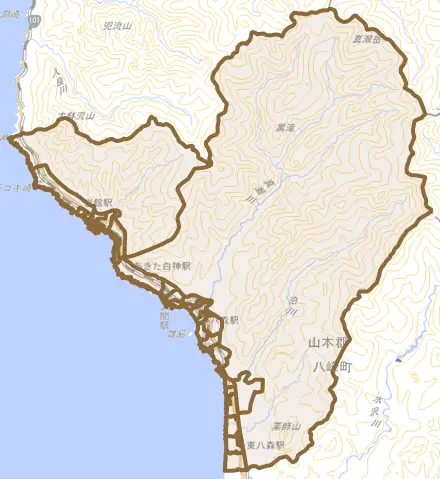 八森とその周辺の地図。町の範囲を重ねている