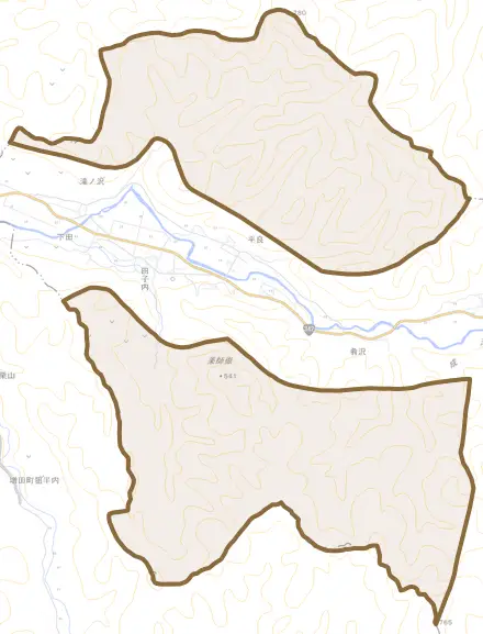 田子内とその周辺の地図。町の範囲を重ねている