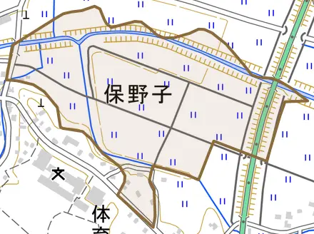保野子とその周辺の地図。町の範囲を重ねている